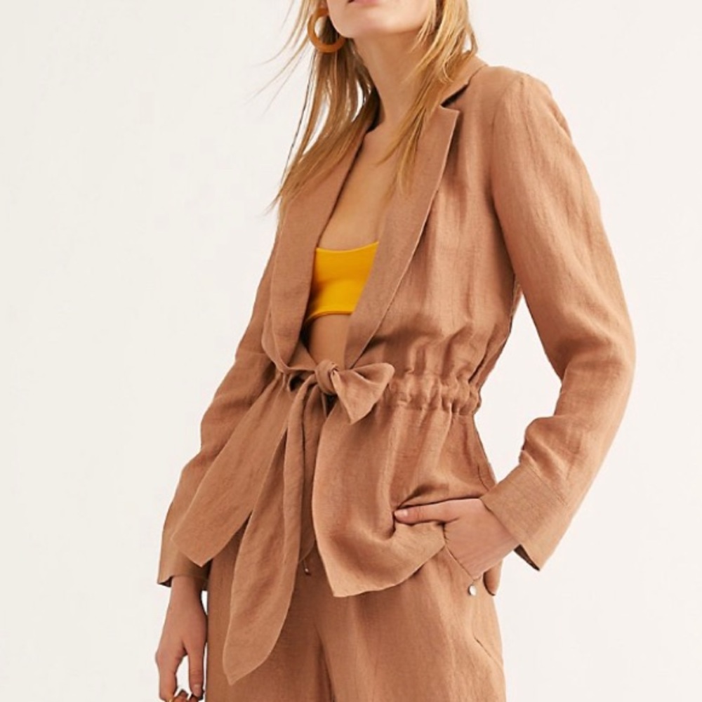 Free People Tan Cropped Linen Blend Pantsuit with Tie Waist